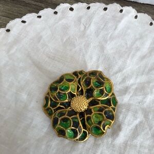 Vtg Oversized Gold and Green Floral Brooch